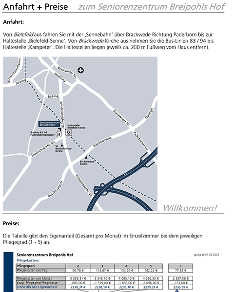 Anfahrt und Preisliste des Seniorenzentrums Breipohls Hof Bethel in Bielefeld